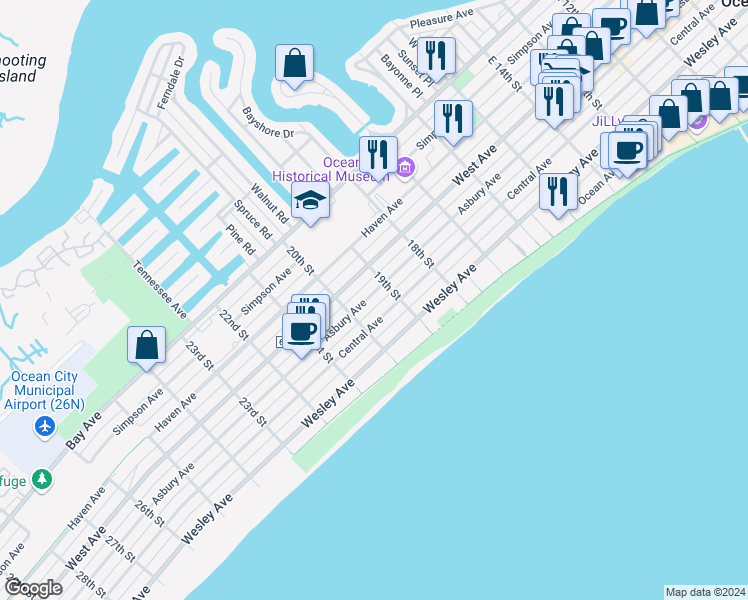 map of restaurants, bars, coffee shops, grocery stores, and more near 1921 Central Avenue in Ocean City