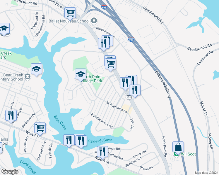 map of restaurants, bars, coffee shops, grocery stores, and more near 7958 Saint Claire Lane in Dundalk