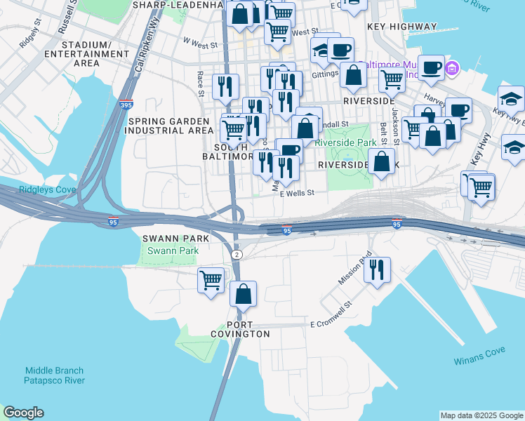 map of restaurants, bars, coffee shops, grocery stores, and more near 1901 South Charles Street in Baltimore