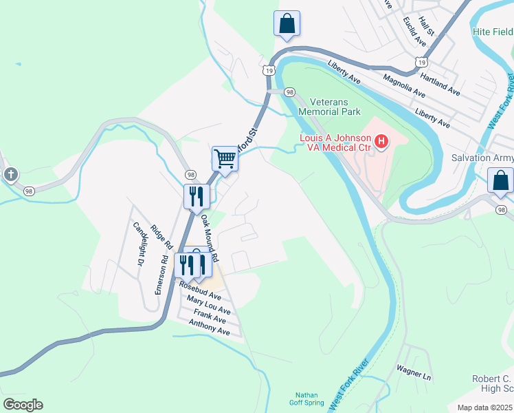 map of restaurants, bars, coffee shops, grocery stores, and more near 246 Oak Mound Drive in Clarksburg