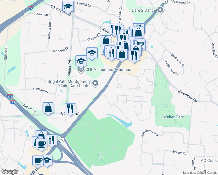 map of restaurants, bars, coffee shops, grocery stores, and more near 11212 Montgomery Road in Cincinnati