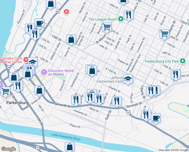 map of restaurants, bars, coffee shops, grocery stores, and more near 1041 Latrobe Street in Parkersburg