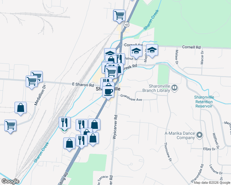 map of restaurants, bars, coffee shops, grocery stores, and more near 10945 Main Street in Cincinnati