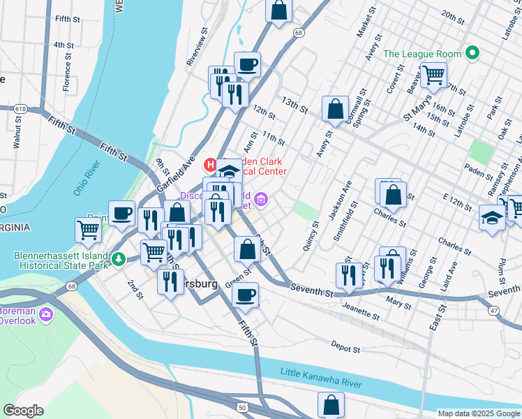 map of restaurants, bars, coffee shops, grocery stores, and more near 900 Market Street in Parkersburg