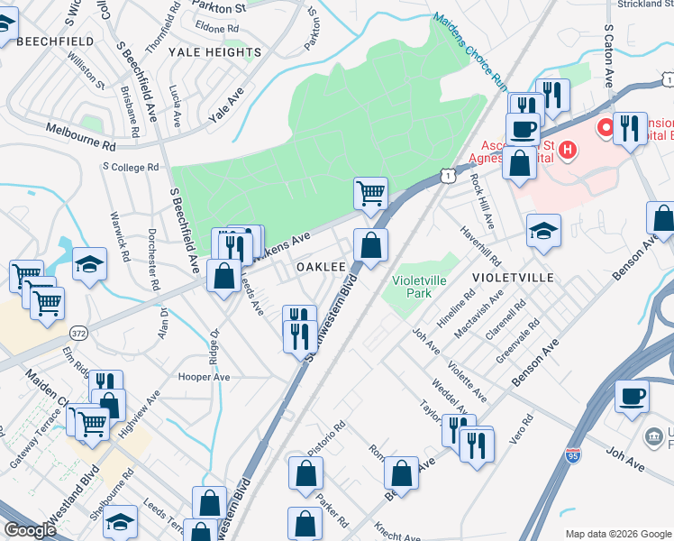 map of restaurants, bars, coffee shops, grocery stores, and more near 3911 Colchester Road in Baltimore