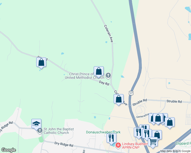 map of restaurants, bars, coffee shops, grocery stores, and more near 4498 Day Road in Cincinnati