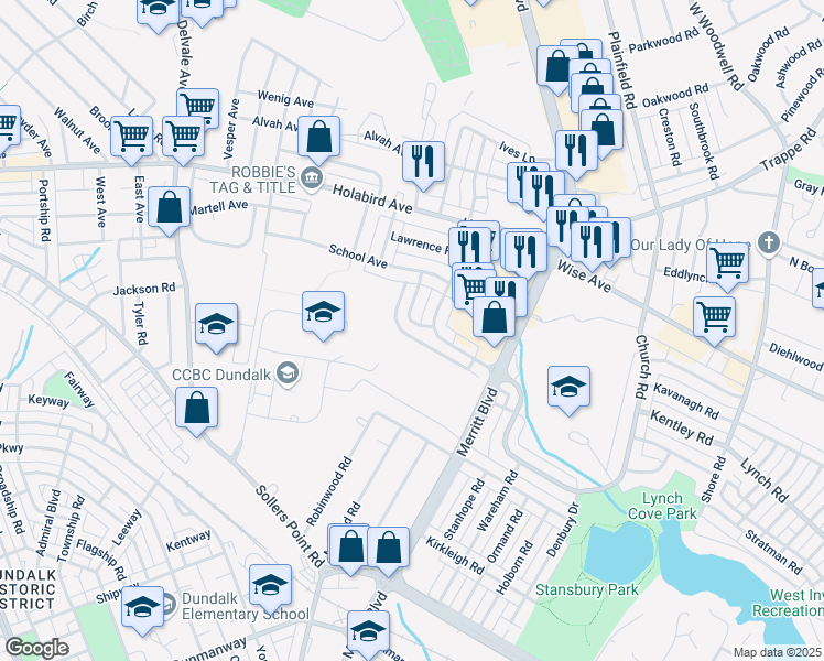 map of restaurants, bars, coffee shops, grocery stores, and more near 1950 Eastfield Road in Dundalk
