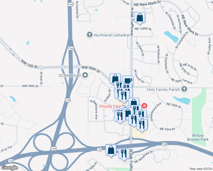 map of restaurants, bars, coffee shops, grocery stores, and more near 35 Northwest 95th Place in Kansas City