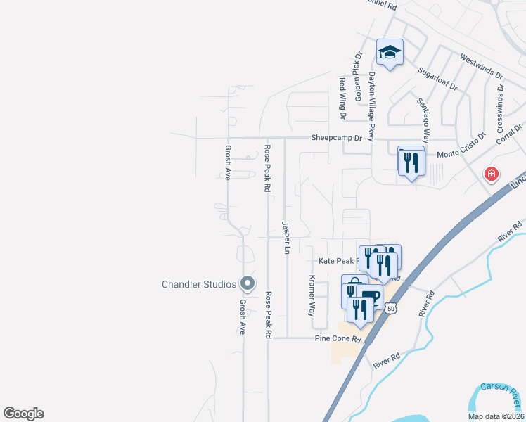 map of restaurants, bars, coffee shops, grocery stores, and more near 176 Rose Peak Road in Dayton