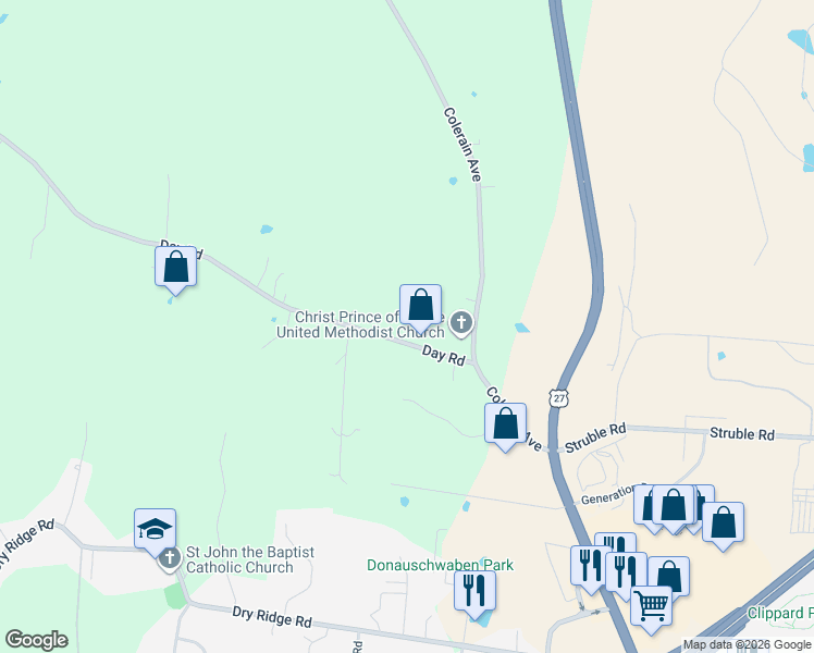 map of restaurants, bars, coffee shops, grocery stores, and more near 4498-4522 Day Road in Cincinnati