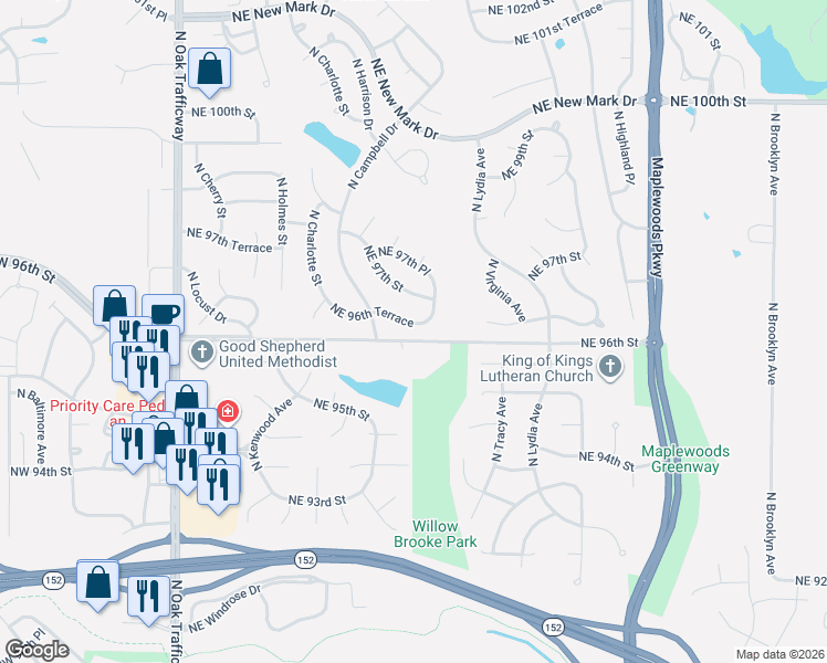 map of restaurants, bars, coffee shops, grocery stores, and more near 1209 Northeast 97th Street in Kansas City