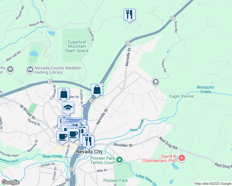 map of restaurants, bars, coffee shops, grocery stores, and more near 547 Uren Street in Nevada City