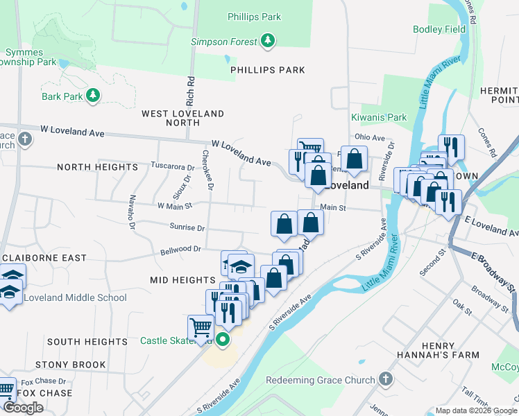 map of restaurants, bars, coffee shops, grocery stores, and more near 710 West Main Street in Loveland