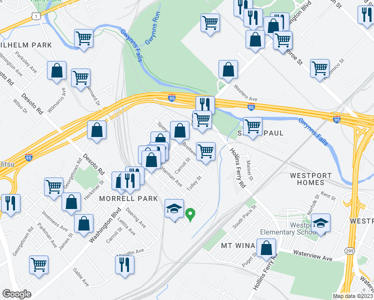map of restaurants, bars, coffee shops, grocery stores, and more near 1914 Breitwert Avenue in Baltimore