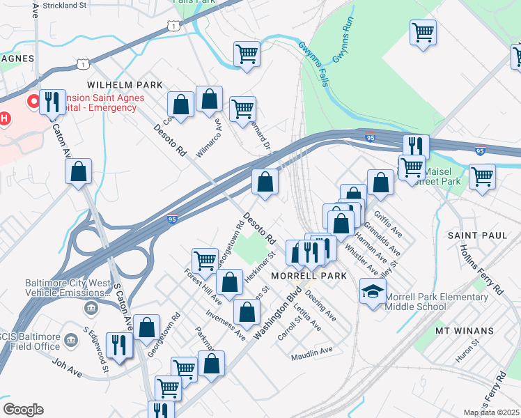map of restaurants, bars, coffee shops, grocery stores, and more near 1502 Wilmington Avenue in Baltimore