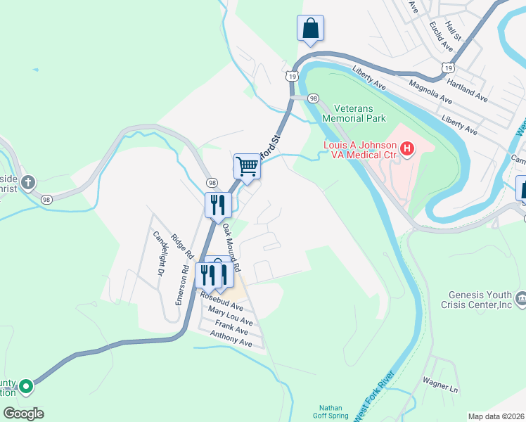 map of restaurants, bars, coffee shops, grocery stores, and more near 141 Maple View Drive in Clarksburg