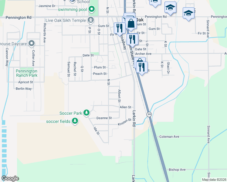 map of restaurants, bars, coffee shops, grocery stores, and more near 9463 N Street in Live Oak