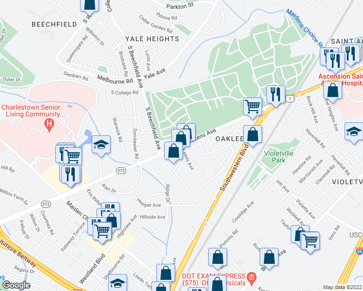 map of restaurants, bars, coffee shops, grocery stores, and more near Wilkens Avenue & Leeds Avenue in Arbutus