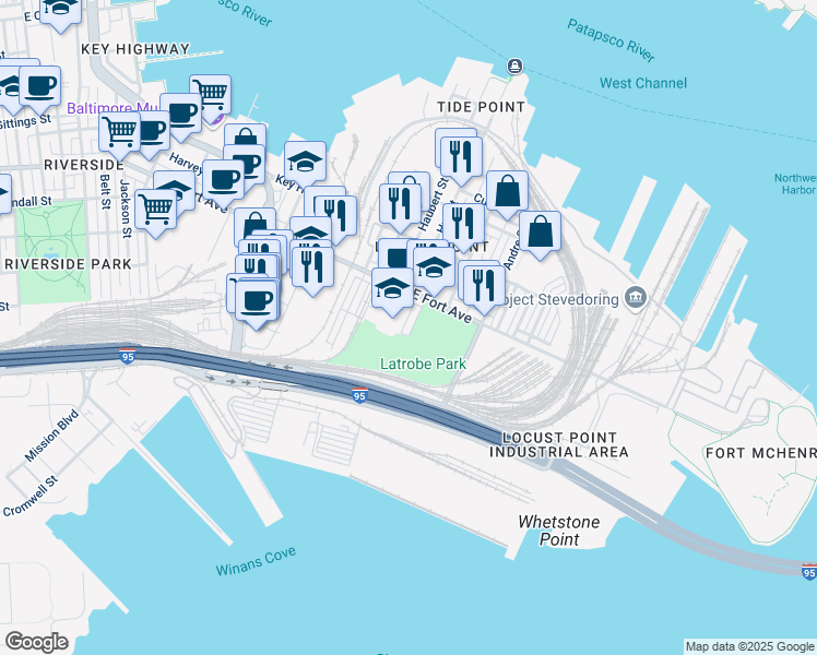 map of restaurants, bars, coffee shops, grocery stores, and more near 1540 Latrobe Park Terrace in Baltimore