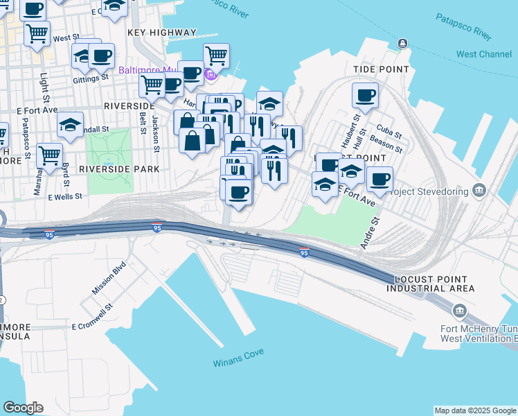 map of restaurants, bars, coffee shops, grocery stores, and more near 1801 Porter Street in Baltimore