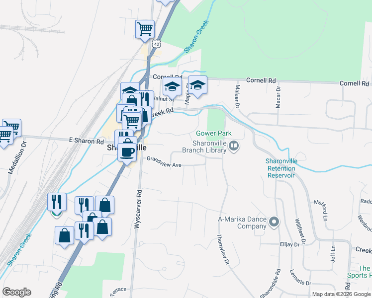 map of restaurants, bars, coffee shops, grocery stores, and more near 3550 Concerto Drive in Cincinnati
