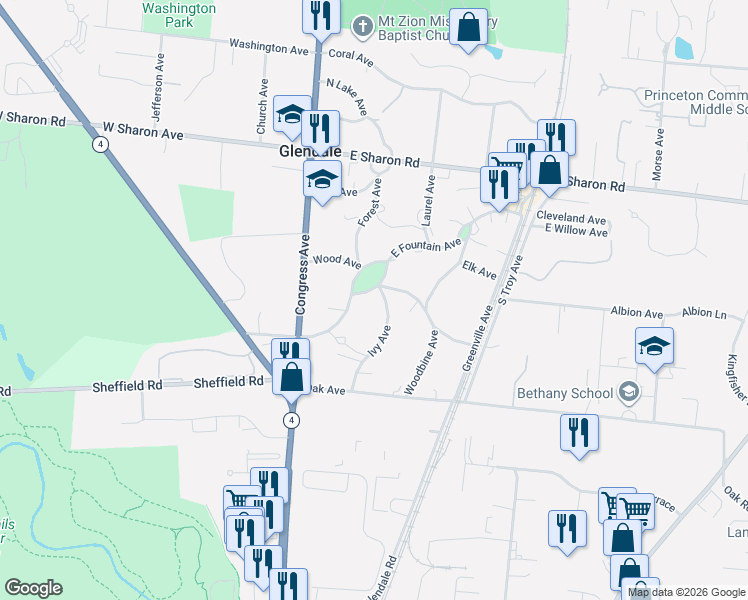 map of restaurants, bars, coffee shops, grocery stores, and more near 75 East Fountain Avenue in Glendale