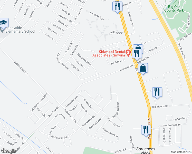 map of restaurants, bars, coffee shops, grocery stores, and more near 5 Bluegrass Boulevard in Smyrna