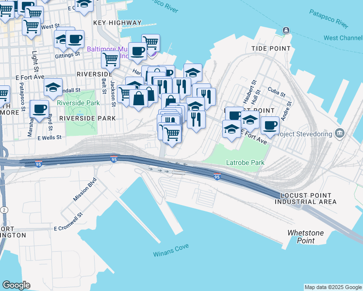 map of restaurants, bars, coffee shops, grocery stores, and more near 1801 Porter Street in Baltimore