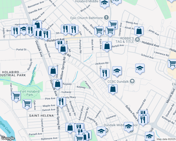 map of restaurants, bars, coffee shops, grocery stores, and more near 1905 Jackson Road in Dundalk