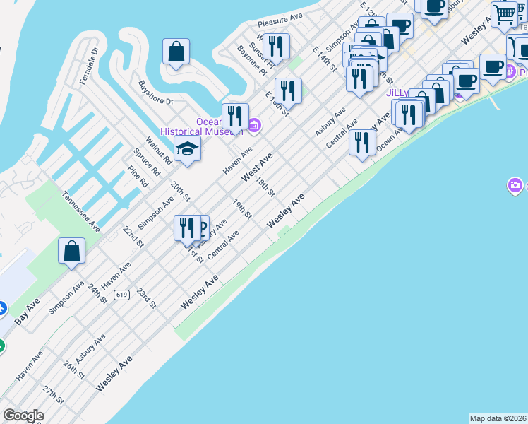 map of restaurants, bars, coffee shops, grocery stores, and more near 1811 Central Avenue in Ocean City