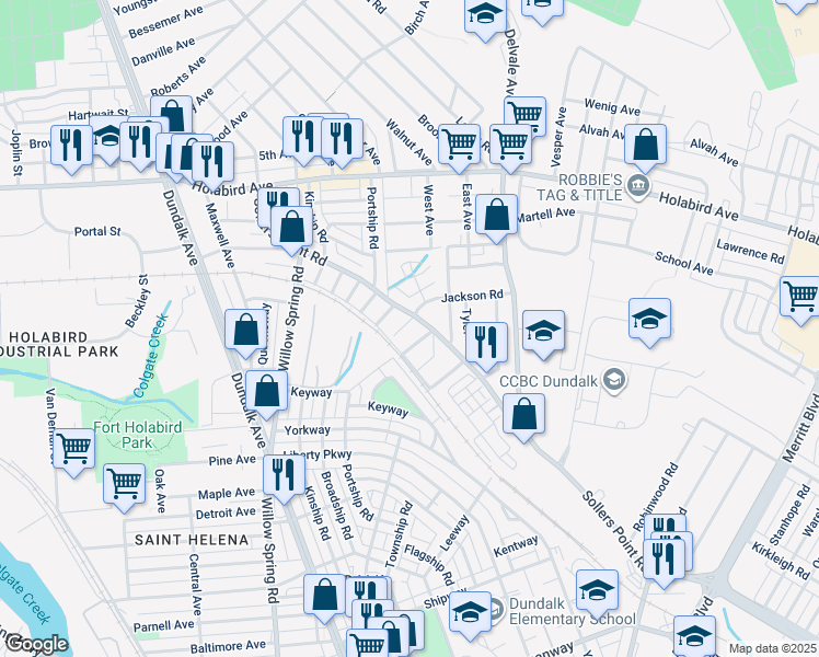 map of restaurants, bars, coffee shops, grocery stores, and more near 1905 Jackson Road in Dundalk