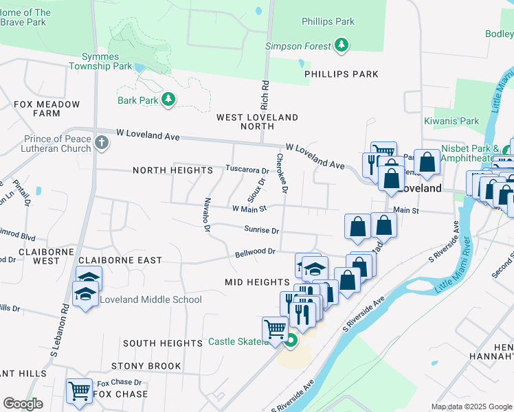 map of restaurants, bars, coffee shops, grocery stores, and more near 1020 West Main Street in Loveland