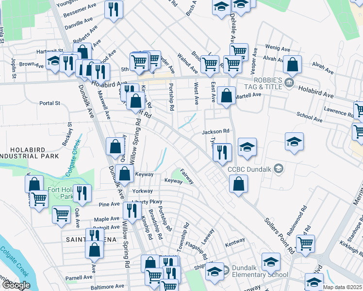 map of restaurants, bars, coffee shops, grocery stores, and more near 1906 Jackson Road in Dundalk