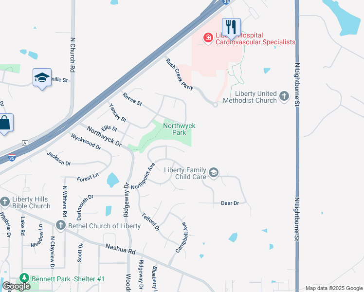 map of restaurants, bars, coffee shops, grocery stores, and more near 514 Taylor Drive in Liberty