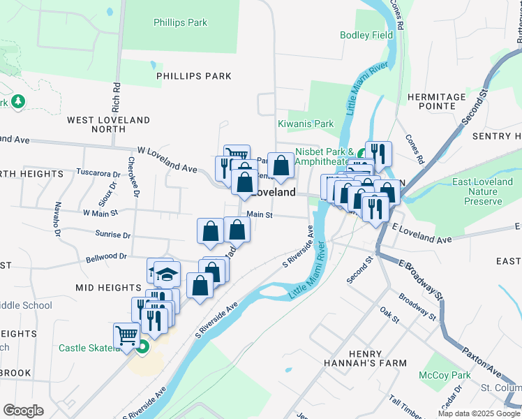 map of restaurants, bars, coffee shops, grocery stores, and more near in Loveland