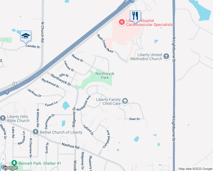 map of restaurants, bars, coffee shops, grocery stores, and more near 514 Taylor Drive in Liberty