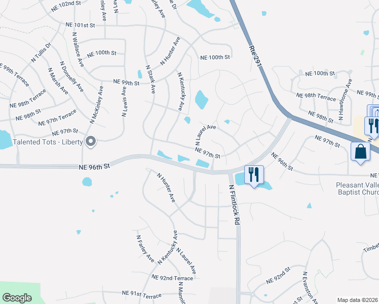 map of restaurants, bars, coffee shops, grocery stores, and more near 8911 Northeast 97th Street in Kansas City