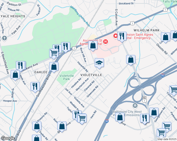 map of restaurants, bars, coffee shops, grocery stores, and more near 1113 Haverhill Road in Baltimore