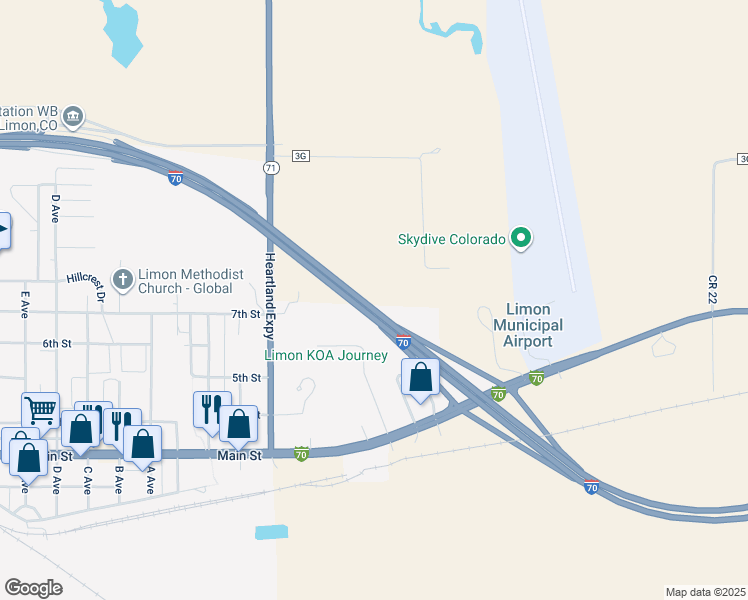 map of restaurants, bars, coffee shops, grocery stores, and more near 21560 U.S. 40 in Limon