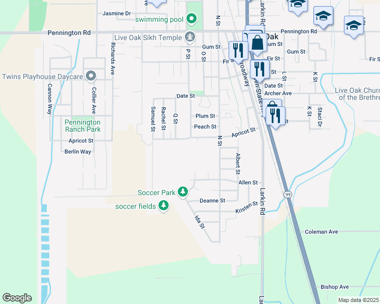map of restaurants, bars, coffee shops, grocery stores, and more near 2788 Apricot Street in Live Oak