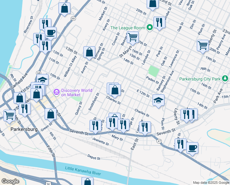 map of restaurants, bars, coffee shops, grocery stores, and more near 1200 Lynn Street in Parkersburg