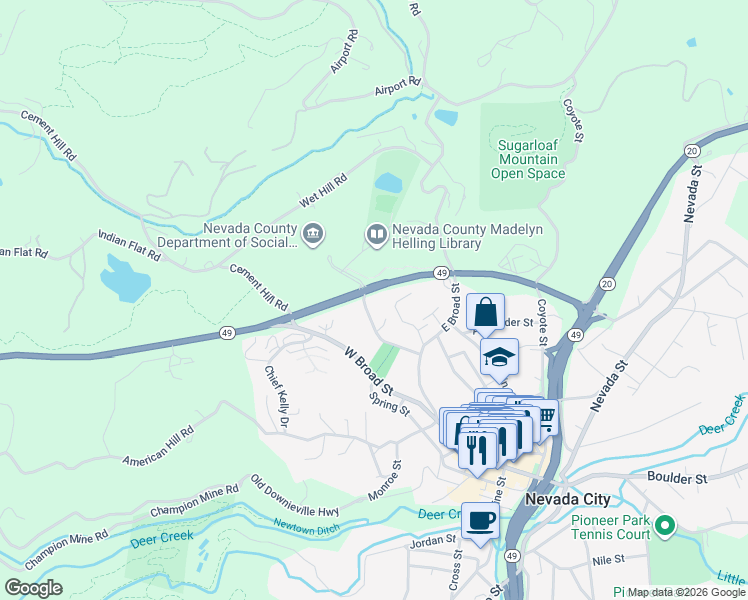 map of restaurants, bars, coffee shops, grocery stores, and more near 144 Orchard St in Nevada City