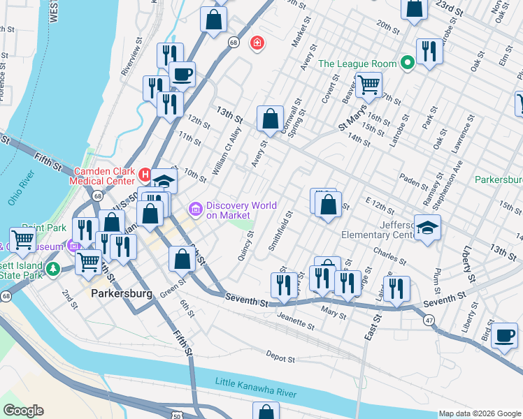 map of restaurants, bars, coffee shops, grocery stores, and more near 1012 Quincy Street in Parkersburg