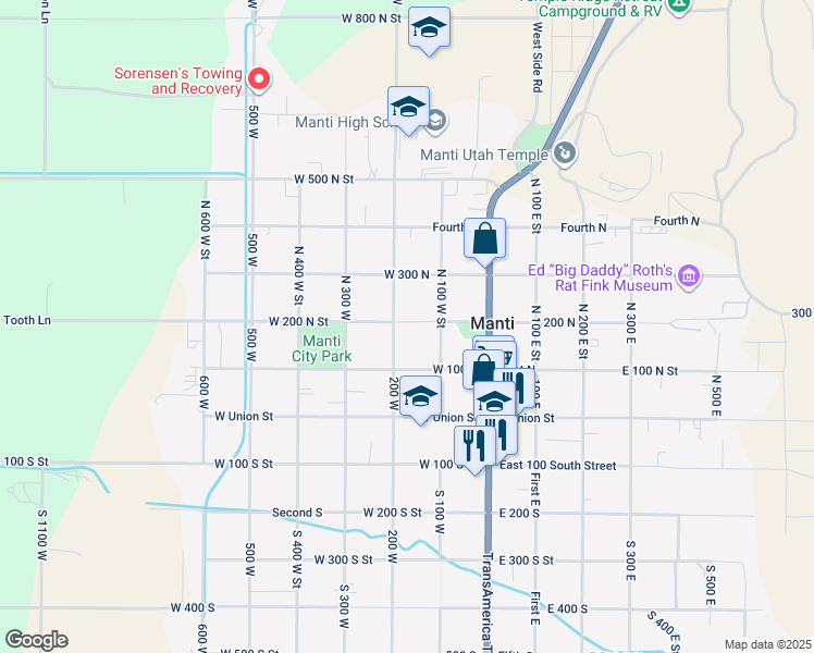 map of restaurants, bars, coffee shops, grocery stores, and more near 190 200 North in Manti