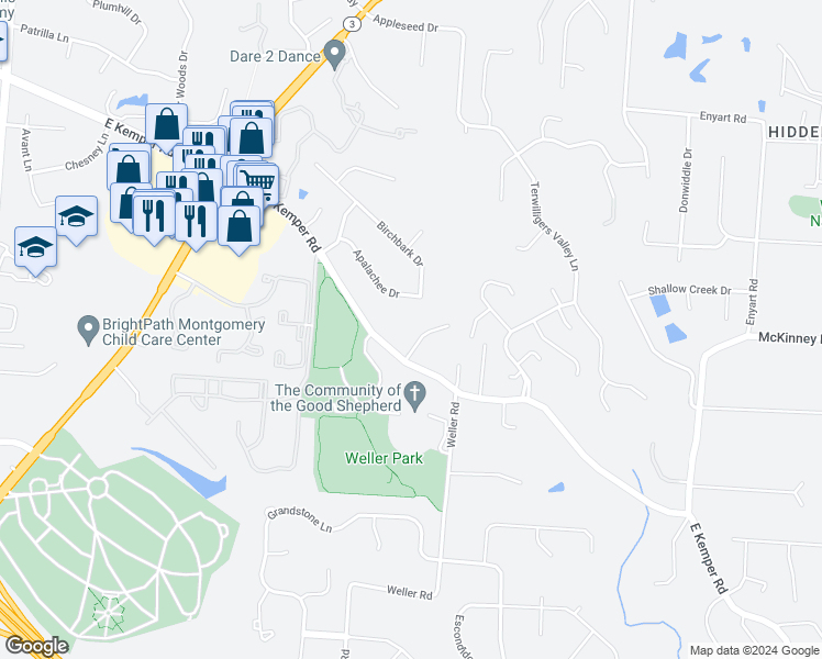 map of restaurants, bars, coffee shops, grocery stores, and more near 11217 Acrewood Drive in Cincinnati