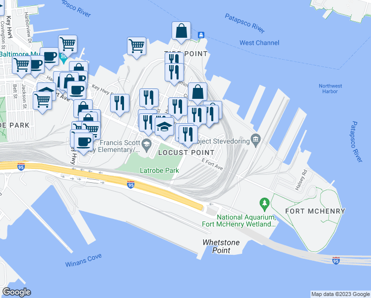 map of restaurants, bars, coffee shops, grocery stores, and more near 1648 East Fort Avenue in Baltimore