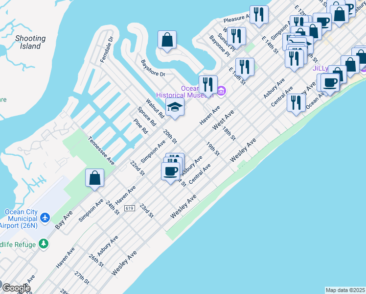 map of restaurants, bars, coffee shops, grocery stores, and more near 201 20th Street in Ocean City