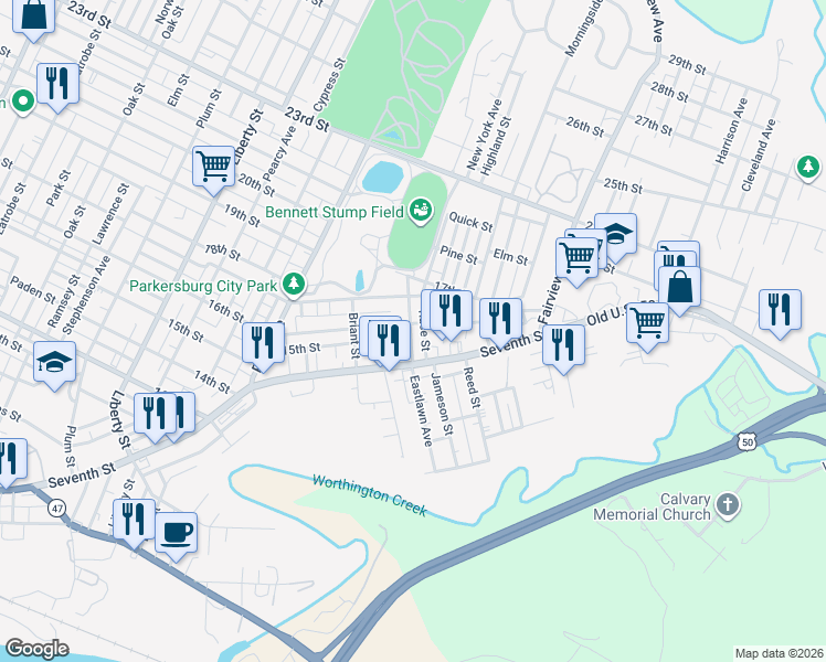 map of restaurants, bars, coffee shops, grocery stores, and more near 2140 16th Street in Parkersburg