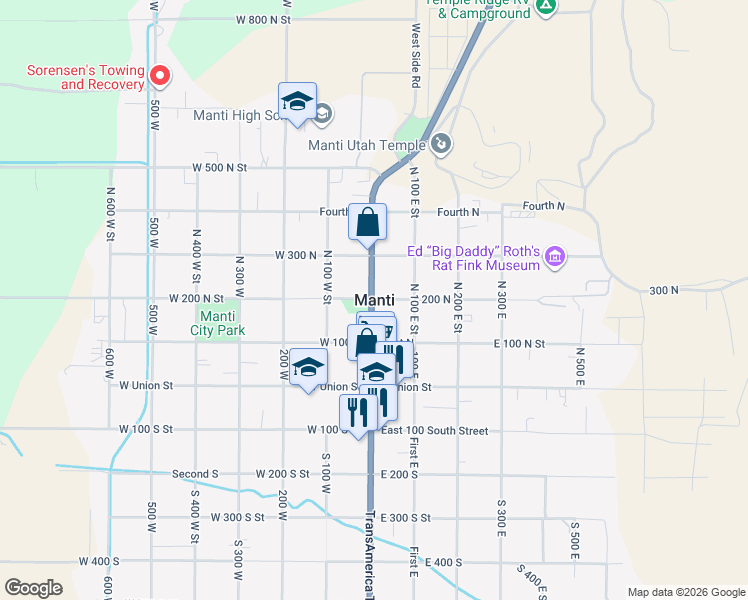 map of restaurants, bars, coffee shops, grocery stores, and more near in Manti