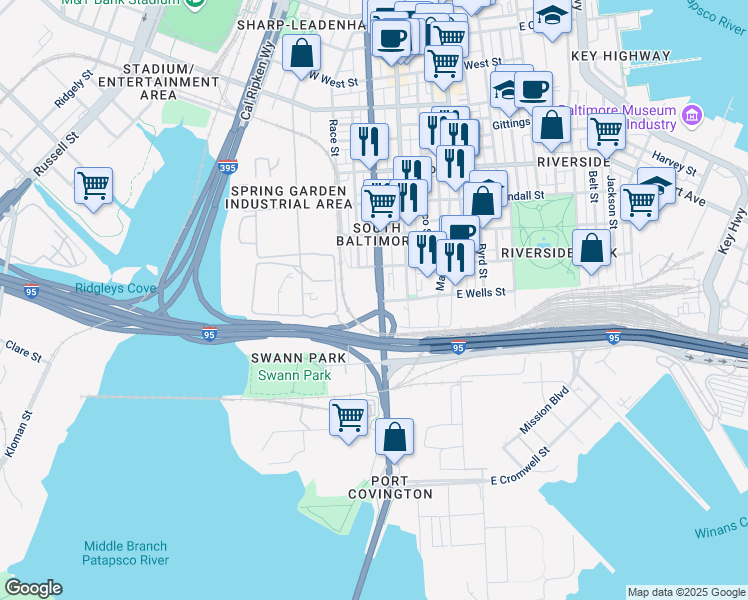 map of restaurants, bars, coffee shops, grocery stores, and more near 1900 South Hanover Street in Baltimore